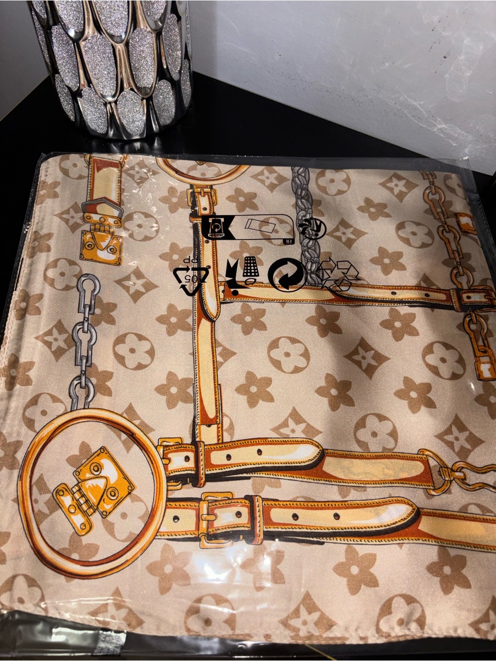 β¨ Chic Monogram Print Silk Square Scarf - Beige & Gold β¨ - Picture 4 of 8
